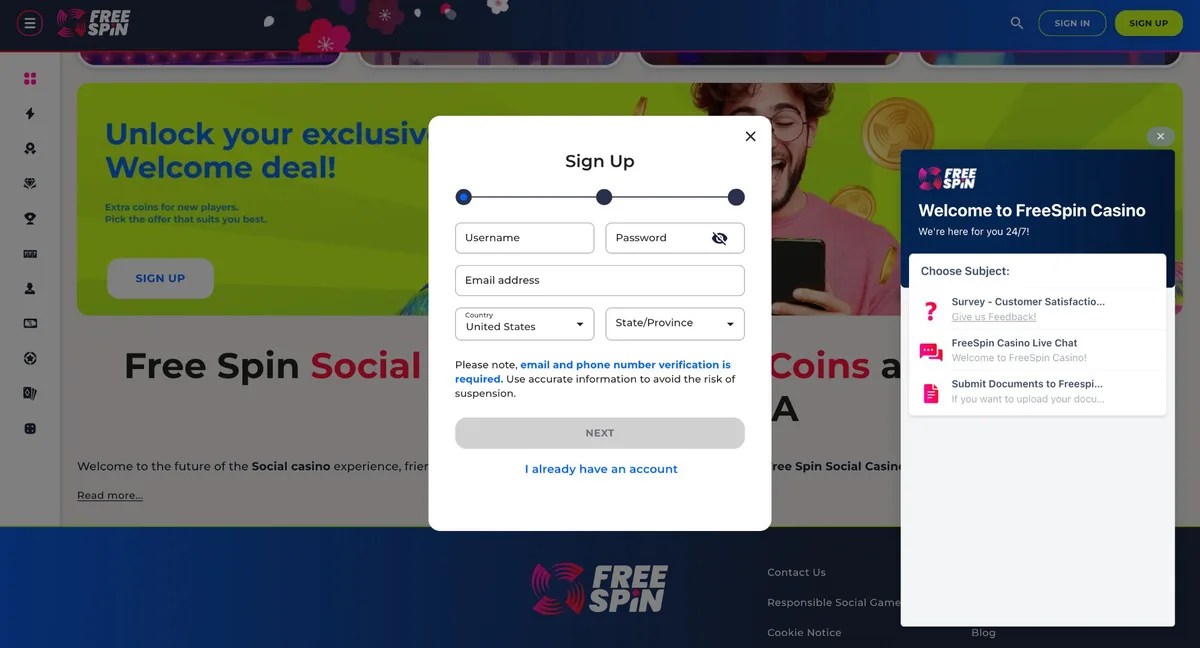 Free Spin Casino Oklahoma registration form — state selection and account creation for Oklahoma players